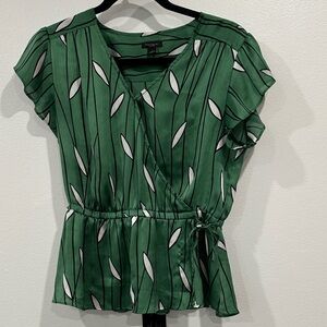 Ann Taylor Emerald and Ivory Leaf Print Blouse